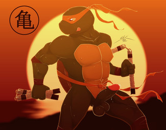 anthro beach erection genitals male melee_weapon nude nunchaku outside penis seaside solo sunset weapon spotty_the_cheetah teenage_mutant_ninja_turtles michelangelo_(tmnt) reptile scalie turtle