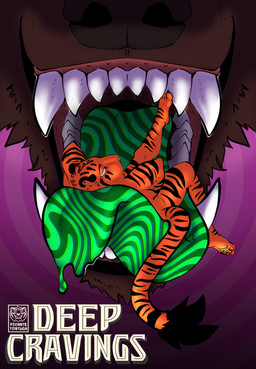 abstract_background anthro bodily_fluids drooling drooling_tongue duo fur hair imminent_vore looking_at_viewer male male/male mawplay mouth_shot open_mouth oral_vore psychedelic saliva simple_background size_difference smile spiral spiral_background tail teeth text tongue tongue_out vore picantetortuga mythology darius_(picantetortuga) juno_(picantetortuga) canid canine canis felid mammal mythological_canine mythological_creature pantherine tiger werecanid werecanine werecreature wolf absurd_res comic cover cover_art cover_page digital_media_(artwork) english_text hi_res