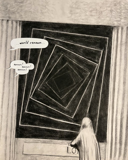 ambiguous_gender border column dialogue hooded_cloak offscreen_character plaque solo speech_bubble spiral text tilted sharkinthepark humanoid 2026 4:5 absurd_res charcoal_(artwork) comic english_text greyscale hi_res monochrome traditional_media_(artwork)