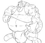 2013 anthro balls big_balls big_muscles big_penis clothing drinking_bottle felid genitals hand_on_belly hi_res holding_object huge_balls huge_muscles huge_penis hyper hyper_balls hyper_genitalia hyper_muscles hyper_penis male mammal monochrome musclegut muscular muscular_anthro muscular_male navel nipples pantherine penis sachiel_666 sketch smile solo sweatshirt tiger tongue tongue_out underwear