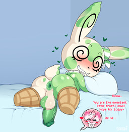 anthro anus balls bed blush dessert duo food furniture genitals ice_cream male male/male musky_balls musky_butt penis pillow shortstack smile smirk teasing text vein veiny_penis baashi nintendo pokemon miziu_(baashi) generation_3_pokemon pokemon_(species) spinda absurd_res english_text hi_res