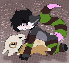 ambiguous_gender anthro arm_warmers armwear bedroom_eyes black_hair blush claws clothing ear_piercing ear_ring from_front_position fur furgonomics grey_body grey_fur hair hug kerchief leg_warmers legwear long_tail love lying male male/male missionary_position narrowed_eyes on_back penetration piercing pink_blush plushie plushophilia raised_tail ring_piercing round_ears seductive sex sharp_teeth smile stitch_(sewing) tail tail_clothing tail_hug tail_warmer teeth thought_bubble thrusting newestgroundz nintendo pokemon comfy_(helimopp) douse_(helimopp) american_opossum cubone generation_1_pokemon mammal marsupial pokemon_(species) virginia_opossum