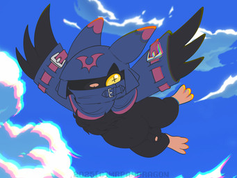 anthro balls belly black_body black_fur cloak clothing cowl flaccid floppy_penis flying foreskin fur genitals long_ears male navel penis pupils shortstack shortstack_male slightly_chubby solo unusual_pupils wings yellow_eyes mrpandragon bandai_namco digimon chiropmon digimon_(species) hi_res