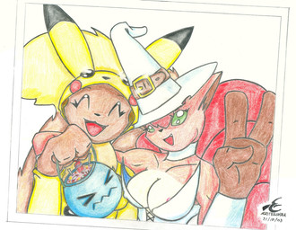 anthro clothing duo female gesture hand_gesture hat headgear headwear holidays pikachu_costume pikachu_hoodie v_sign witch_costume witch_hat masternodra halloween nintendo pokemon eevee generation_1_pokemon generation_2_pokemon pikachu pokemon_(species) vulpix wobbuffet 2003 colored dated traditional_media_(artwork)