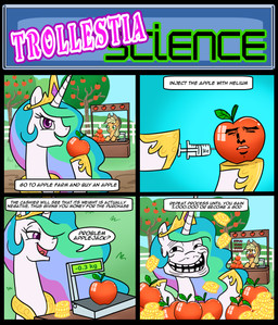 apple armor blonde_hair clothing crown female feral food fruit green_eyes hair hat headgear headwear helium helium_tank horn money multicolored_hair pink_eyes plant princess rainbow_hair royalty science text trollface madmax friendship_is_magic hasbro my_little_pony yaranaika applejack_(mlp) princess_celestia_(mlp) earth_pony equid equine horse mammal pony comic english_text hi_res meme