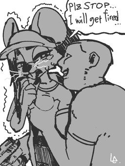 anthro bent_whiskers biped bodily_fluids bottomwear breast_grab breasts clothed clothed_anthro clothed_female clothed_human clothed_male clothing duo female fingers front_view fully_clothed fully_clothed_anthro fully_clothed_female gun hair hand_on_breast hat headgear headwear male open_mouth pants ranged_weapon smile tears teeth text topwear weapon whiskers the_shitposter_2069 ratricia_(el-k) human mammal mouse murid murine rodent 2026 digital_drawing_(artwork) digital_media_(artwork) english_text monochrome