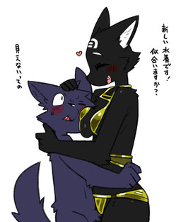 anthro bikini bikini_bottom bikini_top biped black_body black_fur clothed clothed_anthro clothed_female clothing dialogue duo facial_markings female female_anthro female_on_anthro forehead_markings fur gold_bikini grey_body grey_fur head_markings hug hugging_another larger_anthro larger_female looking_at_another male male/female male_anthro male_on_anthro markings nude nude_anthro nude_male side_view simple_background size_difference skimpy slim slim_anthro slim_female slim_male smaller_anthro smaller_male swimwear text two-piece_swimsuit white_background white_inner_ear pizademokttero nifram_logan tarahe canid canine canis domestic_cat felid feline felis mammal wolf 2026 digital_drawing_(artwork) digital_media_(artwork) flat_colors hi_res japanese_text