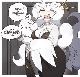 anthro biped blush breasts claws cleavage clothed clothed_anthro clothed_female clothing crossbar_emanata dialogue digit_ring dress drunk emanata exclamation_point eyelashes female fur jewelry looking_back open_mouth open_smile purse ring smile solo substance_intoxication tail text tongue wedding_ring white_body white_fur white_tail svkhaiminh nintendo pokemon generation_5_pokemon legendary_pokemon pokemon_(species) reshiram 2026 digital_media_(artwork) english_text hi_res
