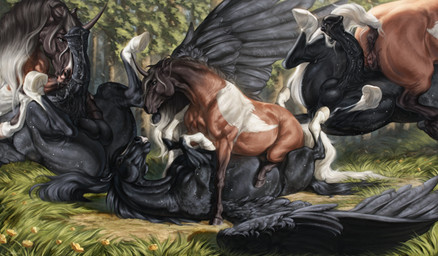 animal_genitalia animal_penis animal_vulva anus big_flare black_body black_penis black_tail black_wings blue_eyes brown_body brown_eyes duo equine_anus equine_genitalia equine_penis equine_vulva erection feathered_wings feathers female feral feral_on_feral flared_penis flower genitals grass horn lying male male/female mouth_closed on_back on_top penis penis_in_face plant puffy_anus tail tree vulva white_body white_tail wings yellow_flower scarlanya mythology aura_(kamilazu_alter) izar_(alter) equid equine mammal mythological_creature mythological_equine pegasus unicorn absurd_res hi_res