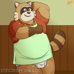 anthro apron brown_body bulge clothing male open_mouth overweight overweight_male red_nose shirt smile solo topwear underwear clumsydrawing robot_dreams rascal_(robot_dreams) mammal procyonid raccoon 1:1 2024 hi_res