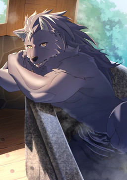 abs amber_eyes anthro athletic athletic_anthro athletic_male bath bathing bathtub black_body black_fur black_nose fur kemono looking_at_viewer male nude nude_anthro nude_male pointy_ears purple_body purple_fur solo steam yellow_eyes kouga0225 saikyou_no_shokugyou_wa_yuusha_demo_kenja_demo_naku_kanteishi_(kari)_rashii_desu_yo? claude_abras canid canine canis mammal wolf absurd_res hi_res