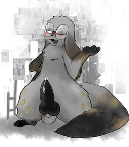 balls black_penis bodily_fluids calico_pattern ears_down erection eyewear feet fur genital_fluids genitals glasses grey_body grey_fur knot male markings one_eye_closed open_mouth penis pivoted_ears precum semi-anthro solo tail toes wearing_glasses white_eyes l3st rain_world videocult copper_(cum) slugcat absurd_res hi_res