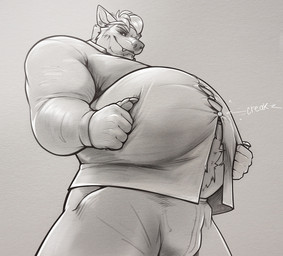 anthro beard belly belly_tuft big_belly body_hair bottomwear bulge clothing facial_hair fangs happy_trail male musclegut muscular muscular_male pants shirt solo teeth topwear tuft volcha canid canine mammal