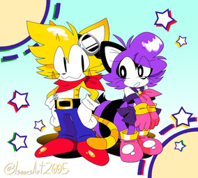 anthro black_eyes blonde_hair bottomwear clothed clothing duo eyelashes eyewear eyewear_on_head female footwear fur gloves goggles goggles_on_head hair handwear lying male on_front open_mouth pants purple_body purple_fur purple_hair scarf shoes simple_background skirt smile tail whiskers yellow_body yellow_fur isaacsart2005 judi_hikari max_ruiji canid canine domestic_cat felid feline felis mammal raccoon_dog tanuki 2025 digital_drawing_(artwork) digital_media_(artwork) hi_res