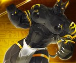 2021 abs anthro anubian_jackal anubis big_muscles big_pecs black_body black_nipples bottomwear canid canine canis claws clothing deity ear_piercing ear_ring egyptian_mythology genitals hi_res jackal loincloth magangz male mammal middle_eastern_mythology muscular muscular_anthro muscular_male mythology nipples pecs penis piercing ring_piercing solo tattoo