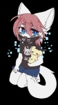 ambiguous_gender anthro blue_eyes blush bodily_fluids bottomwear clothed clothing duo feral fully_clothed hair kneeling looking_at_viewer shirt shorts simple_background smile tears text topwear transparent_background miiyori nintendo pokemon felid generation_7_pokemon mammal mimikyu pokemon_(species) alpha_channel japanese_text