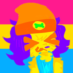 alternate_universe ambiguous_gender anthro beanie blep blue_clothing cheek_tuft clothing facial_tuft fluffy fluffy_chest fluffy_shoulders fur hat headgear headwear lgbt_pride pansexual_pride_colors pride_color_background pride_colors purple_ears purple_nose safe_(container) shirt simple_background solo tank_top tongue tongue_out topwear tuft yellow_body yellow_fur eyestrain_warning parappa_the_rapper sony_corporation sony_interactive_entertainment parappa_the_trappa canid canine mammal 1:1 colorful_theme icon genderfluid_(lore)