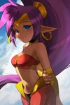 blue_eyes breasts brown_body brown_skin clothing cloud day ear_piercing ear_ring female hair humanoid_pointy_ears long_hair looking_at_viewer not_furry piercing pointy_ears ponytail purple_hair ring_piercing smile solo pachirisus shantae_(series) wayforward shantae genie humanoid 2024 absurd_res hi_res