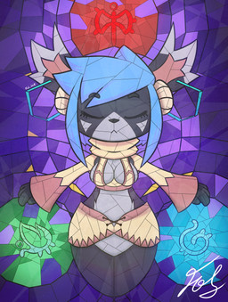 anthro big_ears black_body blue_hair breasts countershade_face countershade_torso countershading ear_piercing eyelashes eyes_closed featureless_crotch female front_view grey_body hair horn medium_breasts piercing small_waist solo stained_glass wide_hips fol_ink atlyss vivian_(atlyss) hybrid lagomorph leporid mammal poon_(atlyss) rabbit 2025 absurd_res digital_drawing_(artwork) digital_media_(artwork) hi_res
