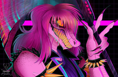 abstract_background anthro armband axe bare_arms bodily_fluids bracelet claws clothing clubs_(suit) creepy_smile crying diamonds_(suit) drooling fangs female hair heart_symbol jacket jewelry melee_weapon no_sclera pink_body pink_hair pink_skin saliva sharp_fangs sharp_teeth shirt smile solo spades_(suit) spiked_armband spiked_bracelet spikes suit_symbol tank_top tears teeth topwear weapon yellow_eyes sparkill deltarune undertale_(series) susie_(deltarune) reptile scalie hi_res