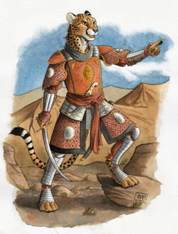 4_toes 5_fingers anthro armor barefoot belt biped blue_sky bottomwear claws clothing cloud cuirass dagger day digitigrade ear_piercing ear_ring feet fingers fur gesture hand_gesture hill holding_melee_weapon holding_object holding_sword holding_weapon looking_forward male markings melee_weapon open_mouth orange_eyes outside pants piercing pointing poleyn ring_piercing sabatons scabbard scarf schynbalds shirt sky solo spaulder spots spotted_body spotted_fur spotted_markings spotted_tail standing striped_markings striped_tail stripes sword tail tail_markings tassets teeth toes topwear vambrace weapon 0laffson cheetah felid feline mammal 2018 hi_res signature traditional_media_(artwork)