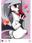 anthro blush breasts butt collar collar_only electronics female filter fur grey_body grey_fur grey_hair hair heart_symbol holding_object holding_phone nude phone red_sclera selfie solo sparkles tail white_eyes pantyking helluva_boss instagram mythology loona_(helluva_boss) canid canid_demon canine demon hellhound mammal mythological_canine mythological_creature 3:4 hi_res