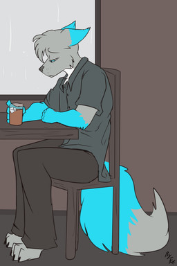 anthro beverage biped black_nose blue_markings bottomwear brown_bottomwear brown_clothing brown_pants brown_shirt brown_topwear chair cheek_tuft claws clothed clothing collared_shirt dipstick_ears dipstick_tail dress_shirt ear_markings facial_tuft fluffy fluffy_tail fur furniture gloves_(marking) grey_body grey_fur half-closed_eyes head_tuft inside male markings multicolored_ears narrowed_eyes on_chair pants sad shirt side_view sitting sitting_on_chair solo table tail tail_markings toe_claws topwear tuft fuf canid canine fox mammal 2019 2:3 hi_res