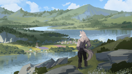 anthro black_bottomwear black_clothing black_nose black_pants bodily_fluids bottomwear clothed clothing fur grass grey_body grey_ears grey_fur grey_tail head_tuft lake male mountain mouth_closed neck_tuft obscured_eyes outside pants plant rear_view reflection rock solo standing tail tears topless tuft unsigned village white_body white_fur awaldkize canid canine canis mammal wolf 16:9 hi_res widescreen