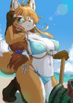 4_fingers 4_toes accessory ahoge anthro barefoot beach big_breasts bikini biped blindfold blue_sky blush bodily_fluids breasts brown_body brown_fur brown_hair brown_nose brown_pawpads cleavage clothed clothing cloud countershade_face countershade_legs countershade_torso countershading day detailed_background dipstick_ears dipstick_tail ear_markings feet female female_anthro fingers fluffy food front-tie_bikini front-tie_clothing front-tie_swimwear fruit fur gloves_(marking) green_eyes hair hair_accessory holding_object inner_ear_fluff kemono kneeling leg_markings lens_flare long_hair looking_at_viewer markings melon midriff multicolored_body multicolored_ears multicolored_fur multicolored_hair multicolored_tail navel nipple_outline one_eye_obstructed open_mouth orange_hair outside pawpads paws plant ponytail sea seaside side-tie_bikini side-tie_clothing side-tie_swimwear skimpy_bikini sky socks_(marking) solo stick string_bikini sweat sweatdrop swimwear tail tail_markings tan_body tan_fur toes triangle_bikini tuft two-piece_swimsuit two_tone_hair under_boob water watermelon white_body white_fur white_inner_ear koorinezumi canid canine fox mammal 2022 absurd_res digital_media_(artwork) hi_res