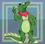 2018 3_toes 4_fingers abstract_background alligator alligatorid anthro belly cel_shading claws countershade_belly countershading crocodilian digital_drawing_(artwork) digital_media_(artwork) digitigrade emanata featureless_crotch feet fingers full-length_portrait green_body green_scales hand_on_hip hand_on_own_hip hi_res jaspering kerchief kerchief_only male mostly_nude musical_note musical_symbol neckerchief neckerchief_only portrait red_kerchief red_neckerchief reptile scales scalie shaded snout solo spiral_elbows spiral_knees standing symbol tail teeth toes white_claws yellow_eyes