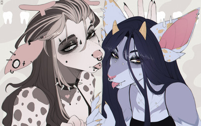 anthro antlers biped breasts claws clothed clothed_anthro clothed_female clothing duo female fingers front_view fur hair horn looking_at_viewer piercing simple_background spots teeth tongue noodlerain bovid caprine deer goat mammal 2026 digital_drawing_(artwork) digital_media_(artwork) hi_res
