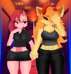 amphibian anthro black_sclera bottomwear clothing crop_top demon duo felid female female/female fire flaming_tail flustered hair hand_holding hi_res lion mammal mythological_creature mythological_salamander mythological_scalie mythology orange_hair pantherine pink_body red_eyes red_hair salamander sambal scalie shirt shorts smile smirk tail topwear willam yellow_body