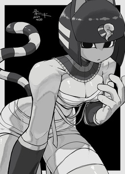accessory anthro bandage bangs bare_shoulders black_background blunt_bangs bob_cut breasts chest_wraps cleavage clothed clothing egyptian egyptian_clothing female hair hair_accessory looking_at_viewer markings medium_breasts mummy_wrappings noseless raised_hand short_hair simple_background solo striped_markings striped_tail stripes tail tail_markings thick_thighs uraeus usekh wide_hips wraps bone_nigi animal_crossing nintendo ankha_(animal_crossing) domestic_cat felid feline felis mammal 2025 dated digital_drawing_(artwork) digital_media_(artwork) greyscale hi_res monochrome watermark