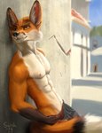 abs anthro bottomwear building canid canine clothed clothing fangs fox fur hi_res leaning_on_wall looking_aside looking_up male mammal muscular muscular_male nipples orange_body orange_fur outside pants pecs smile solo standing swish teeth topless wall_(structure) whiskers white_body white_fur