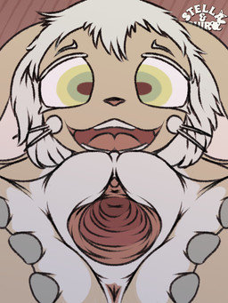 abstract_background aged_up anus big_ears brown_body brown_fur cervix cervix_view clitoris faux_gaping_pussy female fur gaping gaping_vagina genitals green_eyes hair humanoid_genitalia humanoid_vulva looking_at_viewer messy_hair multicolored_eyes open_mouth presenting presenting_cervix presenting_vulva solo spread_legs spread_vulva spreading urethra vulva whiskers white_hair yellow_eyes suiro made_in_abyss nanachi lagomorph mammal narehate 3:4 absurd_res hi_res
