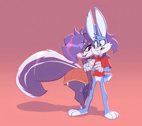 3_toes 4_fingers anthro big_butt biped blue_body bodily_fluids bottomless bottomless_anthro bottomless_male breasts buckteeth butt choker cleavage clothed clothing dress duo eyebrows eyelashes featureless_crotch feet female fingers fluffy fluffy_tail fur glistening glistening_body gloves hair hair_over_eye handwear interspecies jewelry male male/female multicolored_body necklace nervous nervous_sweat notched_ear pupils purple_body purple_hair red_clothing red_shirt red_t-shirt red_topwear shirt shirt_only simple_background smile standing sweat t-shirt t-shirt_only tail teeth thick_thighs toes topwear topwear_only two_tone_body wide_hips bigdad tiny_toon_adventures tiny_toons_looniversity warner_brothers buster_bunny fifi_la_fume lagomorph leporid mammal mephitid rabbit skunk 2026