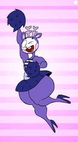 anthro antlers belly bottom_heavy bottomwear buckteeth cheerleader cheerleader_outfit clothed clothing countershade_belly countershading crop_top crossdressing curvy_figure eyelashes femboy footwear fur heart_nose heart_symbol high_heels horn jumping logo makeup male midriff navel one_eye_closed open_mouth open_smile pom_poms purple_body purple_fur shirt shoes skirt smile solo teeth text thick_thighs topwear wide_hips wink thatdawgmurray happy_tree_friends mime_(htf) deer mammal absurd_res aliasing artist_logo artist_name digital_media_(artwork) hi_res signature