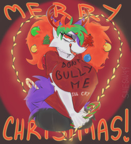 anthro antlers big_breasts breasts candy christmas_candy christmas_card christmas_decorations christmas_lights christmas_tree_toy dessert ear_tuft female food fur grey_body hair holidays horn looking_at_viewer nipple_outline orange_eyes orange_hair orange_tongue purple_body purple_fur solo text tongue tongue_out tuft shieshuqqq christmas don't_bully_me_i'll_cum nintendo pokemon fan_character penny_(shieshuqqq) braixen generation_6_pokemon pokemon_(species) shiny_pokemon english_text hi_res