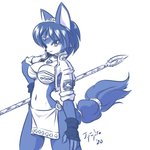 anthro blue_body blue_fur blue_hair bottomwear breasts cleavage clothed clothing female fur hair jacket jewelry krystal's_staff loincloth looking_at_viewer navel solo staff topwear weapon white_body white_fur j-fujita nintendo star_fox fox_mccloud krystal_(star_fox) canid canine fox mammal 1:1 2020