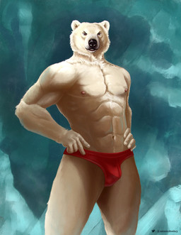 abs anthro black_nose bottomwear brown_eyes clothed clothing front_view fur glistening glistening_eyes hands_on_hips looking_at_viewer male male_anthro mouth_closed narrowed_eyes navel nipples pecs red_bottomwear red_clothing simple_background solo standing topless white_body white_fur satanic_monkey bear mammal polar_bear ursine hi_res portrait three-quarter_portrait