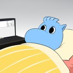 1:1 2016 angry anthro bed bedding black_eyes blanket blue_body computer electronics furniture grey_background laptop lonbluewolf lonbluewolf_(character) male moomin on_bed pillow simple_background snork_(moomin) solo the_moomins