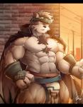 abs accessory anthro armpit_hair biceps black_bars black_nose body_hair bottomwear clothed clothing coat_cape fur headband kemono loincloth male multicolored_body multicolored_fur muscular muscular_anthro muscular_male pecs simple_background solo white_body white_fur tengo lifewonders tokyo_afterschool_summoners horkeu_kamui_(tas) canid canine canis mammal wolf 2017 digital_media_(artwork) hi_res letterbox