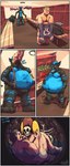anthro anthro_pred bag belly big_belly blue_body blue_hair blue_tongue bodily_fluids bone burping butt clothing costume duo food fursuit hair hand_on_belly horrified horror_(expression) hot_dog human_prey internal jersey locker male navel nude overweight rumbling_stomach shirt sloshing_belly sound_effects stomach_acid swallowing tongue topwear unwilling_prey vore chopangigante tythesaber felid human mammal prehistoric_species saber-toothed_tiger 2023 absurd_res comic hi_res