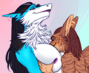 anthro arm_tuft between_breasts big_breasts black_ears black_hair breast_grab breasts brown_body brown_eyes brown_fur brown_hair cheek_tuft dreadlocks duo ear_piercing ear_ring ears_back face_between_breasts facial_tuft female fur gauged_ear glistening glistening_eyes hair hand_on_breast logo male neck_tuft nipples notched_ear piercing pivoted_ears purple_eyes purple_nipples ring_piercing shoulder_tuft simple_background striped_arms striped_back tan_body tan_fur tan_inner_ear tuft white_breasts riorix sergal 2019 artist_logo dated