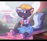 anthro asking_viewer basket bedding beverage blanket chibi clean_diaper clothed clothing container dialogue diaper diaper_under_clothing fluffy fluffy_tail footwear hair hair_over_eye hat headgear headwear holding_beverage holding_object looking_at_viewer male open_mouth open_smile outside overalls picnic picnic_basket picnic_blanket pink_clothing pink_eyes pink_footwear pink_shirt pink_shoes pink_topwear shirt shoes shortalls sippy_cup sitting smile solo speech_bubble tail talking_to_viewer topwear wearing_diaper bubblepuppers animal_crossing nintendo kicks_(animal_crossing) mammal mephitid skunk alternate_version_at_source hi_res