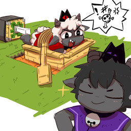 ambiguous_focus ambiguous_gender angry anthro bell bell_collar black_body black_fur black_wool boat bound clothing collar crown duo exclamation_point fur grass headgear horn humor lying on_front plant profanity purple_clothing purple_robe red_clothing red_robe robe rope simple_background smug_grin speech_bubble standing sticky_piston vehicle watercraft white_body white_fur white_wool wool_(fur) pustcat_vanie cult_of_the_lamb massive_monster_(studio) minecraft_sheep_fucker goat_(cult_of_the_lamb) lamb_(cult_of_the_lamb) bovid caprine goat mammal sheep 1:1 2025