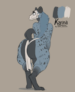 anthro arched_back big_butt black_sclera black_spots blue_body blue_fur bone bottomwear butt clothed clothing color_swatch digitigrade female fur huge_butt leg_markings loincloth loincloth_only looking_at_viewer looking_back looking_back_at_viewer markings pupils rear_view simple_background skull skull_head socks_(marking) solo spots spotted_body spotted_fur standing tail tan_background text thick_thighs topless white_pupils wide_hips mr_devonn karina_(mr_devonn) hyena mammal skulldog_(species) artist_name character_name digital_media_(artwork) full-length_portrait model_sheet portrait