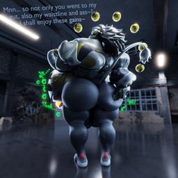 abdominal_bulge after_vore anthro anthro_pred backsack balls belly big_belly big_butt bone bones_in_stomach butt digestion fatal_vore genitals glowing glowing_eyes glowing_genitalia glowing_penis grey_hair grey_tail hair hand_on_belly hand_on_butt looking_at_butt looking_back machine male male_pred metallic_body penis rear_view rumbling_stomach solo sound_effects tail text thick_thighs vore weight_gain malunisisos mihoyo zenless_zone_zero banyue_(zenless_zone_zero) felid lion mammal pantherine robot_anthro 1:1 2025 3d_(artwork) digital_media_(artwork) english_text hi_res