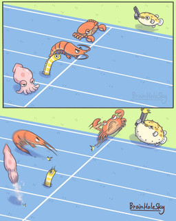 ambiguous_gender competition feral fin group gun holding_gun holding_object holding_ranged_weapon holding_weapon humor ranged_weapon tail tail_fin tentacles weapon brainholesky arthropod cephalopod coleoid crab crustacean decapod decapodiform fish malacostracan marine mollusk pufferfish shrimp squid tetraodontiform hi_res
