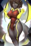 2016 absurd_res anthro balls big_breasts biped breasts brown_hair bulge clothed clothing dragon galaxxxart genitals gynomorph hair hi_res intersex membrane_(anatomy) membranous_wings mythological_creature mythological_scalie mythology nipple_outline non-mammal_breasts one-piece_swimsuit scalie small_waist solo swimwear sylux tail text thick_tail thick_thighs url wings yellow_eyes